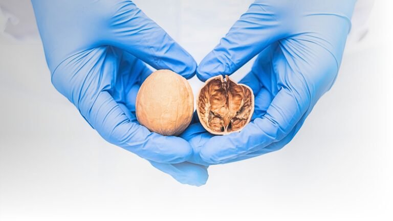 Mãos com luvas azuis segurando uma noz inteira e outra partida ao meio, ilustrando o conceito de saúde masculina.