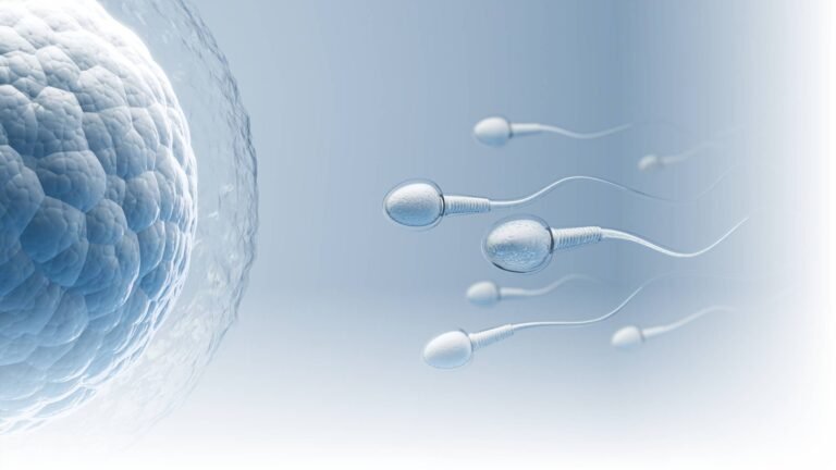 Espermatozoides em movimento em direção a um óvulo durante o processo de fertilização.